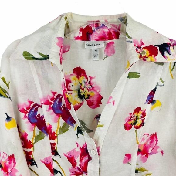Harve Bernard white floral linen Blouse Medium - Picture 5 of 11